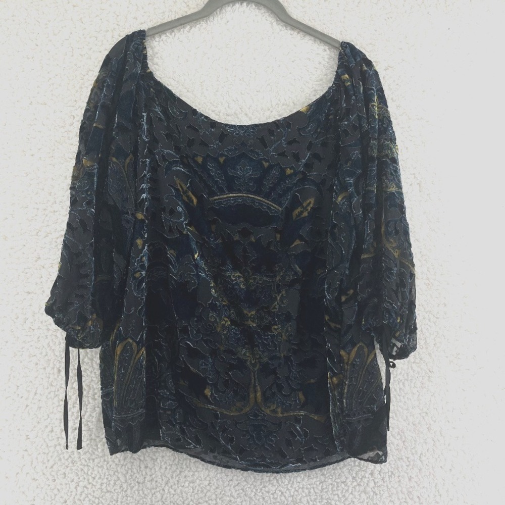 Dalia Velvet Burnout Blouse Women's L Black Blue Gold Floral Boho Tie Sleeve